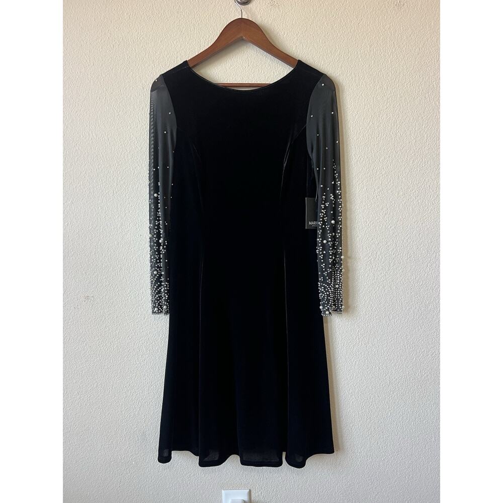 Marina Black Velvet A-Line Dress Sz M Mesh Pearl Beaded Sleeves Elegant Formal - Picture 4 of 10